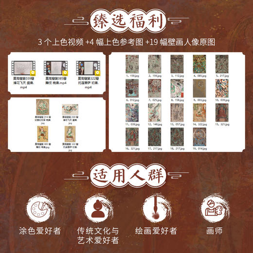 敦煌壁画 人像线描涂绘卡 敦煌壁画描摹临摹线稿 莫高窟人物壁画上色白描装饰画乐舞飞天菩萨赠视频 商品图3