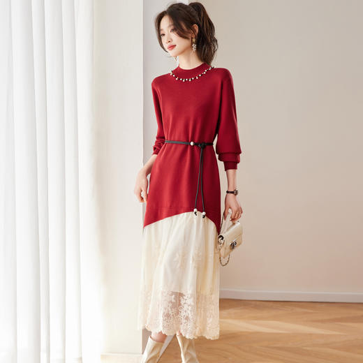 CC 3358蕾丝拼接假两件针织修身连衣裙 商品图2