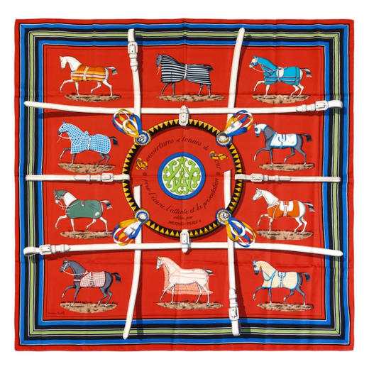 独角鹿西洋古董1974年法国爱马仕出品Jacques Eudel设计《日常骑装与马毯》主题丝绸方巾 商品图0