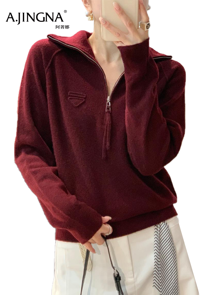 【POLO衫全羊毛】阿菁娜冬季新款半开拉链POLO衫全羊毛翻高领两穿结构感设计F30D302017