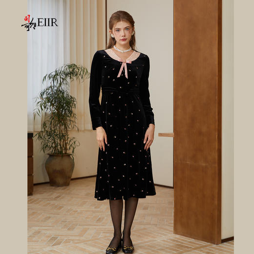 司歌丝绒绣花v领冬连衣裙收腰弹力复古气质A921233X 商品图0