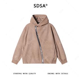 SDSA男士秋冬新款痞帅男装简约时尚纯色植绒斜拉链连帽卫衣外套