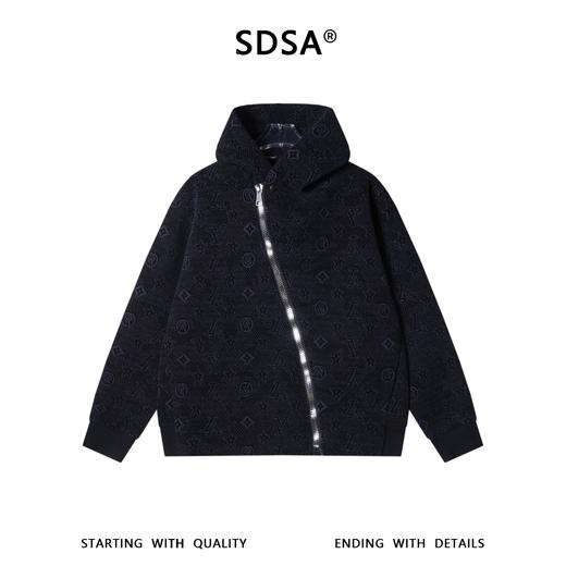 SDSA男士秋冬新款痞帅男装简约时尚绒毛图案提花斜拉链连帽卫衣 商品图0