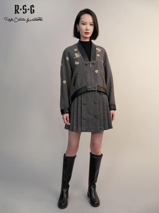 郭培成衣RSG「棕灰调织纹」毛呢拼皮铜钱刺绣套装2025秋冬新品 商品图2