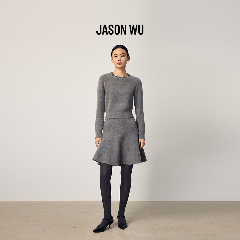 【JASON WU】2025秋冬新款简约百搭通勤修身钻饰肌理感针织衫毛衫上衣
