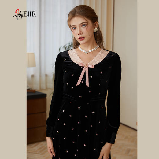 司歌丝绒绣花v领冬连衣裙收腰弹力复古气质A921233X 商品图1