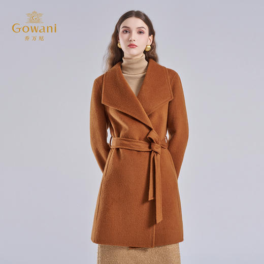 乔万尼2025新品冬软糯收腰大翻领复古橘调中长款羊毛驼绒混纺毛呢大衣ED4A755 商品图1