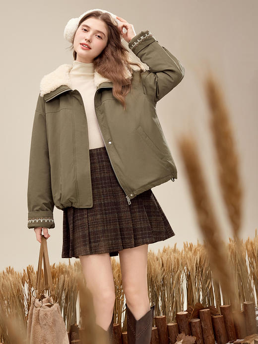 【百图lulu定制】【绿屿棉衣】 军绿色拼接毛领加厚棉衣外套 保暖棉袄外套 商品图5