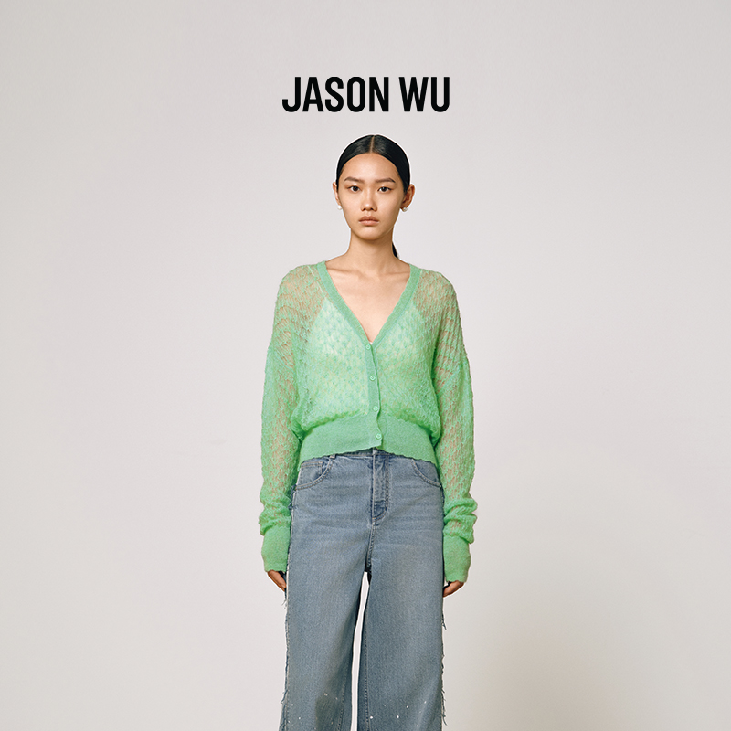 (羊驼毛)【JASON WU】(多色)25秋冬新款贝壳肌理菱格轻薄V领针织开衫女