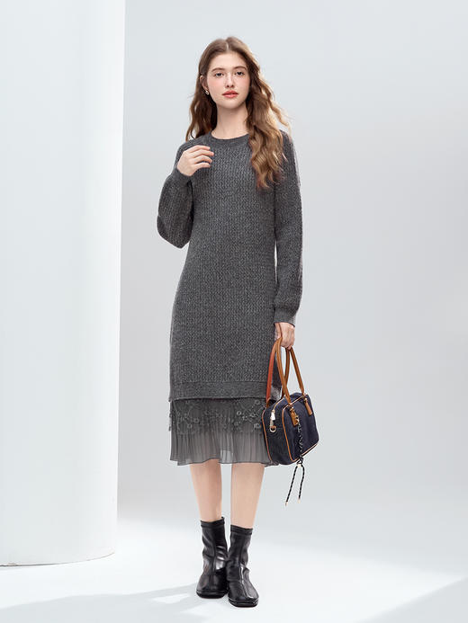 【百图lulu定制】【蕾丝连衣裙】 设计感蕾丝拼接毛衣连衣裙女2025年冬季新款显瘦直筒裙 商品图8