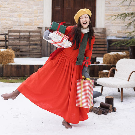 绽放846朵/暖红加厚亚麻裙·纯亚麻亮红压褶叠穿圆领长袖连衣裙女 商品图0