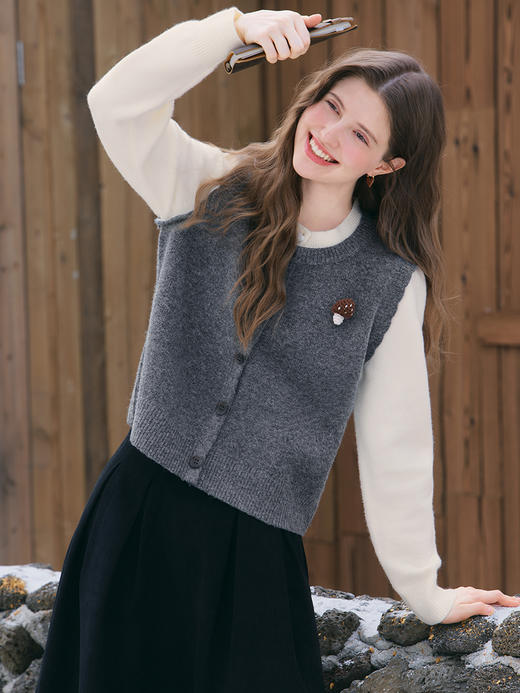 【百图lulu定制】【蘑菇毛衣】 高级感拼色假两件毛衣女套头针织衫 商品图0