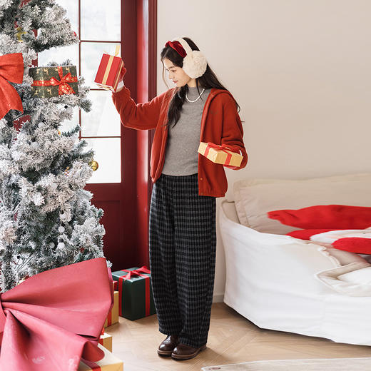 绽放801朵/加厚羊毛混纺格纹全腰松紧显瘦长裤百搭休闲裤女毛呢裤 商品图2