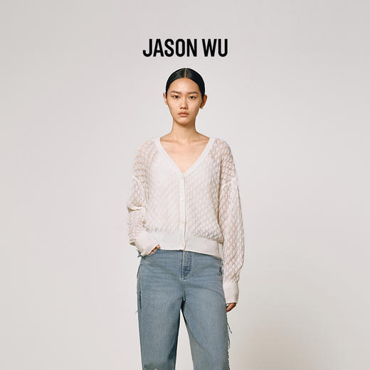 (羊驼毛)【JASON WU】(多色)25秋冬新款贝壳肌理菱格轻薄V领针织开衫女 商品图1