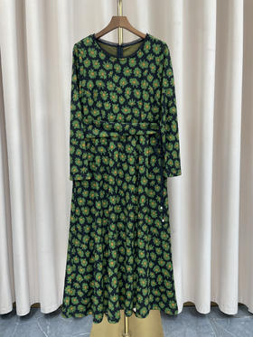 「断码清仓」墨绿碎花法式优雅百搭长袖真丝连衣裙 M码 ZFYY137