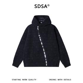 SDSA男士秋冬新款痞帅男装时尚简约撞色格子斜拉链连帽卫衣百搭