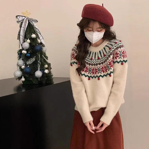 【复古提花新年费尔岛毛衣】套头宽松秋冬季 厚款慵懒风软糯针织上衣  商品图2