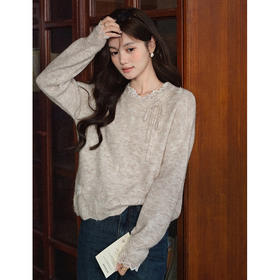 鹿向南「云絮蝶梦」燕麦色宽松长袖内搭针织衫毛衣女秋冬羊毛上衣