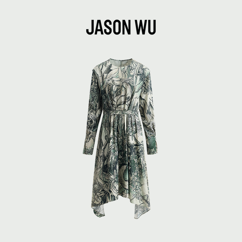 (桑蚕丝)【JASON WU】(多色)25年新款复古优雅宫廷袖真丝不规则鸢尾连衣裙