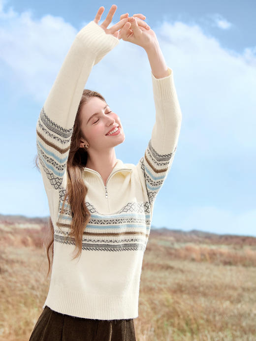 【百图lulu定制】【奶油毛衣】 费尔岛纹毛衣女秋冬经典提花针织衫可翻领柔软毛衫 商品图4