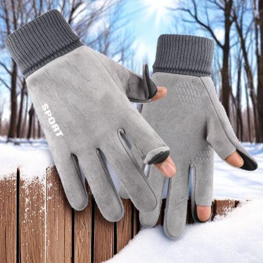 冬季麂皮绒露指电动车外卖骑手套防风拍照运动骑行防滑翻盖触屏 商品图3