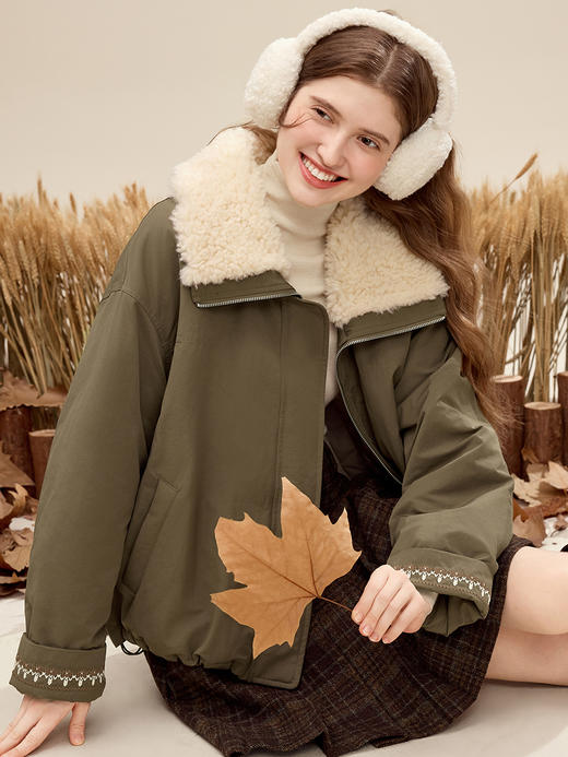 【百图lulu定制】【绿屿棉衣】 军绿色拼接毛领加厚棉衣外套 保暖棉袄外套 商品图0