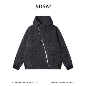 SDSA男士秋冬新款痞帅男装潮牌绒毛线条斜拉链连帽卫衣外套时尚