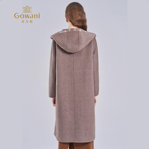 乔万尼2025冬新品减龄连帽复古咖纹100%羊毛长款宽松外套大衣ED4A742 商品图4