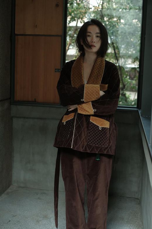 50's英伦绅士｜丝绒棕黄撞色夹棉套装｜手工拧绳 商品图8