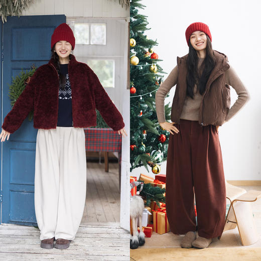 绽放851朵/绒感松弛裤·腰部半松紧对褶阔腿长裤百搭加厚休闲裤 商品图3