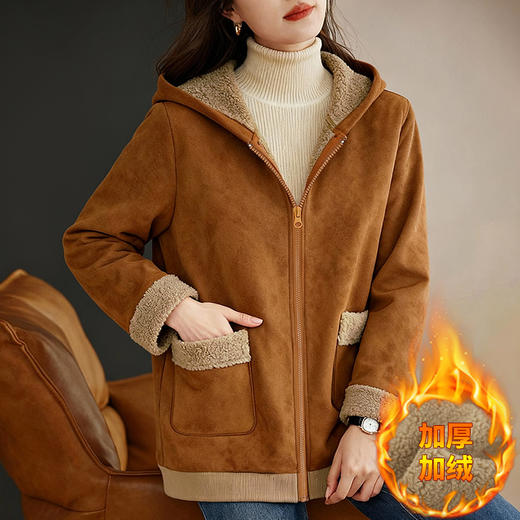 麂皮绒外套女2026新款冬季大码女装羊羔绒连帽上衣加绒加厚连帽衫 商品图1