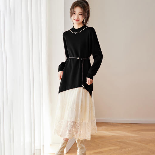 CC 3358蕾丝拼接假两件针织修身连衣裙 商品图1