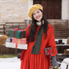 绽放846朵/暖红加厚亚麻裙·纯亚麻亮红压褶叠穿圆领长袖连衣裙女 商品缩略图2