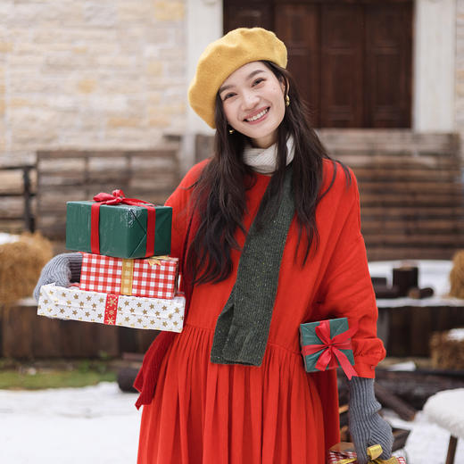 绽放846朵/暖红加厚亚麻裙·纯亚麻亮红压褶叠穿圆领长袖连衣裙女 商品图2