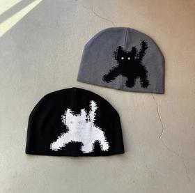 D121622韩国秋冬提花3M反光电眼小猫针织毛线帽子保暖冷帽男女同款