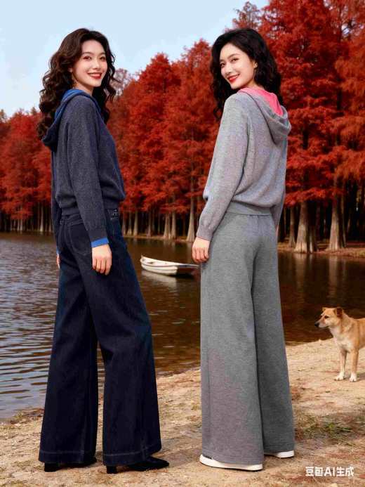 58G739全毛假两件开衫连帽毛衣 商品图1