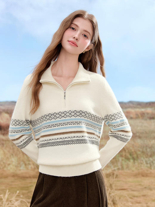 【百图lulu定制】【奶油毛衣】 费尔岛纹毛衣女秋冬经典提花针织衫可翻领柔软毛衫 商品图2