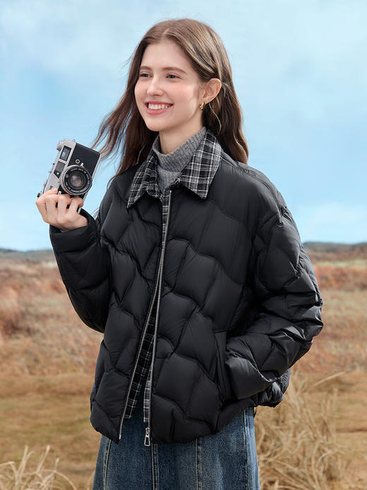 【百图lulu定制】【格子羽绒服】 黑白格子衬衫 假两件 90白鸭绒黑色羽绒服 商品图0