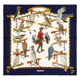 独角鹿西洋古董1994年法国爱马仕出品Caty Latham设计《国王的鸟》主题蓝色款丝绸方巾