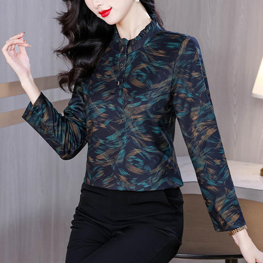 KQL E333N3153半高领印花上衣荷叶领打底衫大码T恤 商品图3