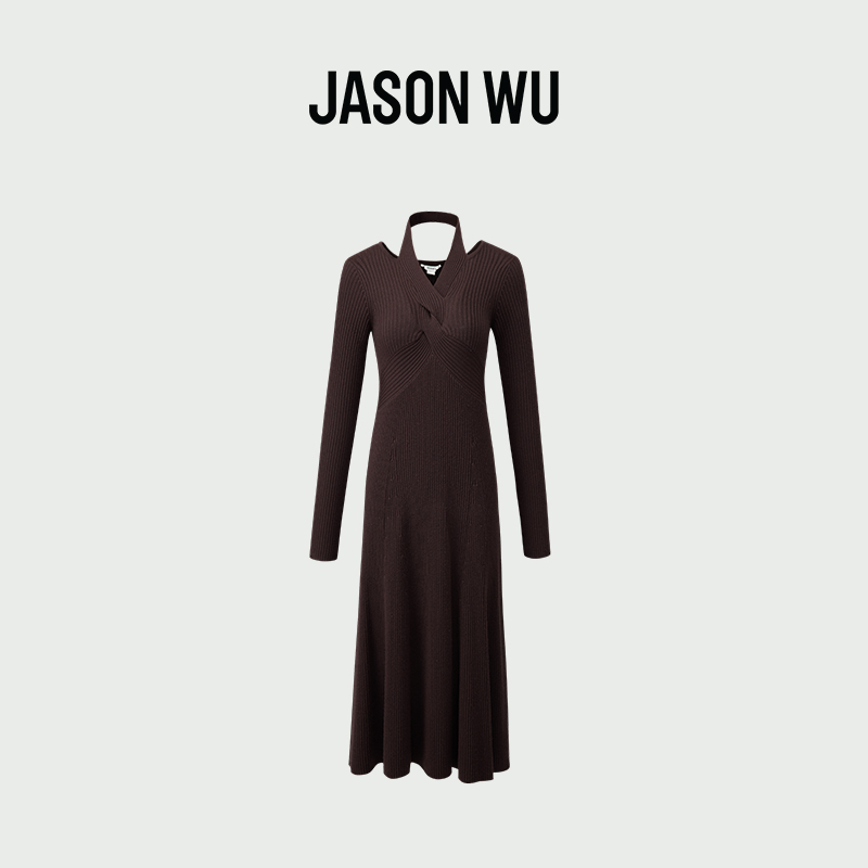 【JASON WU】新款挂脖扭结羊毛针织V领裙子长裙连衣裙