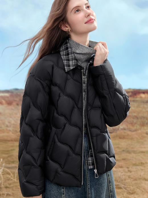 【百图lulu定制】【格子羽绒服】 黑白格子衬衫 假两件 90白鸭绒黑色羽绒服 商品图1