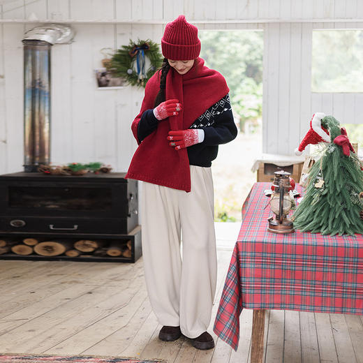 绽放/KSX019朵"红得刚刚好"冬日粗针翻边毛线帽红色围巾纯羊毛 商品图3