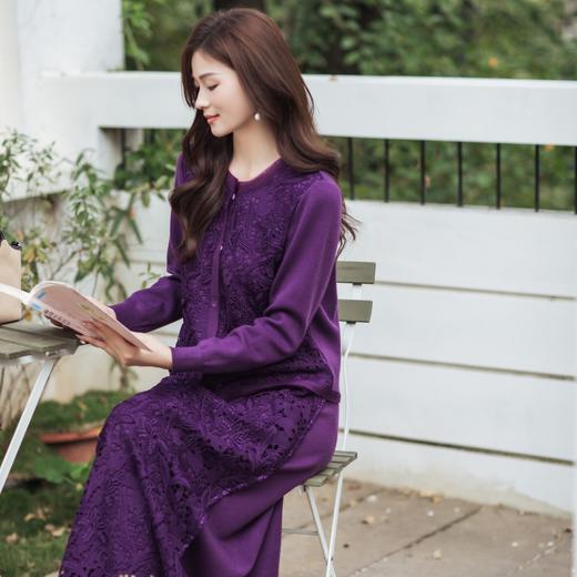 【林栖设计小店】（现货）立体绣花紫色毛织外套镂空套装复古优雅2026早春新款长袖上衣女T1961308+半裙T1961309 商品图1
