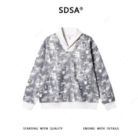 SDSA男士秋冬新款痞帅男装时尚扎染拼接翻领卫衣百搭时尚套头上衣