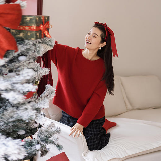 绽放858朵/松弛与暖·纯羊毛衫宽松圆领长袖套头毛针织衫女冬毛衣 商品图0