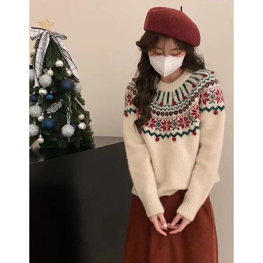 【复古提花新年费尔岛毛衣】套头宽松秋冬季 厚款慵懒风软糯针织上衣  商品图5