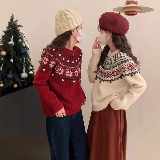 【复古提花新年费尔岛毛衣】套头宽松秋冬季 厚款慵懒风软糯针织上衣  商品图1