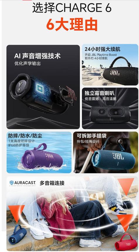 JBL CHARGE6 音乐冲击波六代 便携式蓝牙音箱+低音炮 AI音效增强 户外防尘防水 桌面音响 商品图2