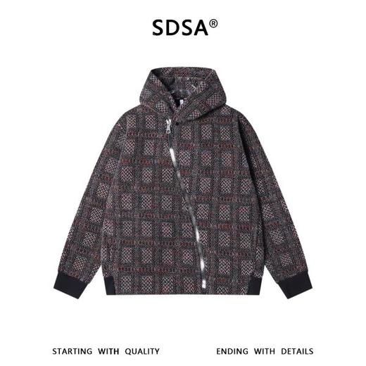 SDSA男士秋冬新款痞帅男装时尚简约绒毛格子斜拉链连帽卫衣百搭 商品图0